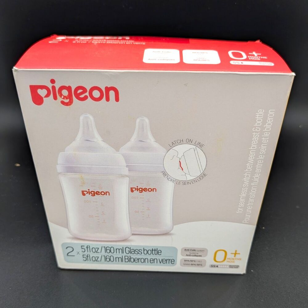 Pigeon Anti-Colic Wide Neck Glass Baby Bottle Set 2-Pack 160ml/5oz 0m+
